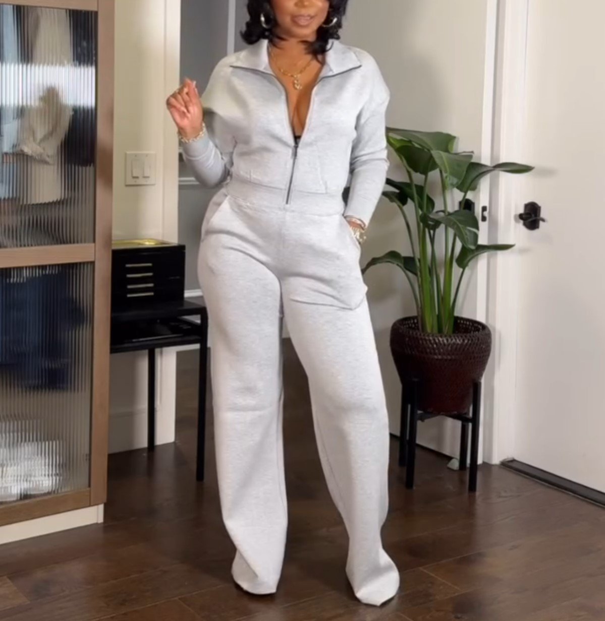 Solid Color Half Zip Jumpsuit