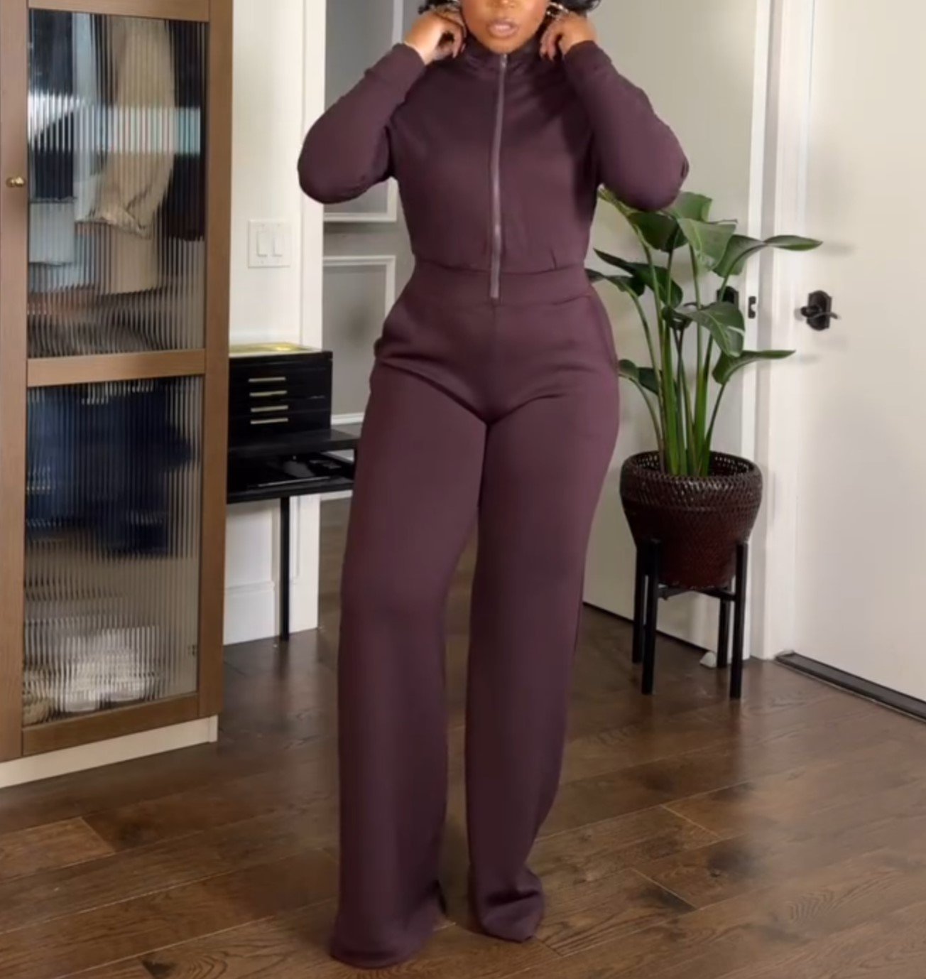 Solid Color Half Zip Jumpsuit