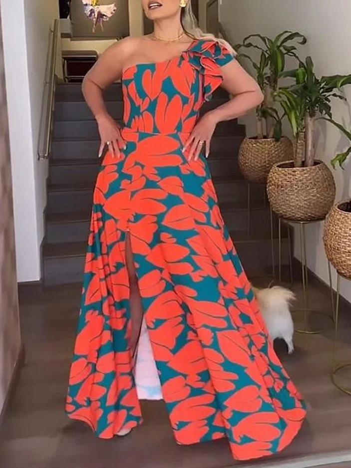 Slanted Shoulder Print Swing Dress