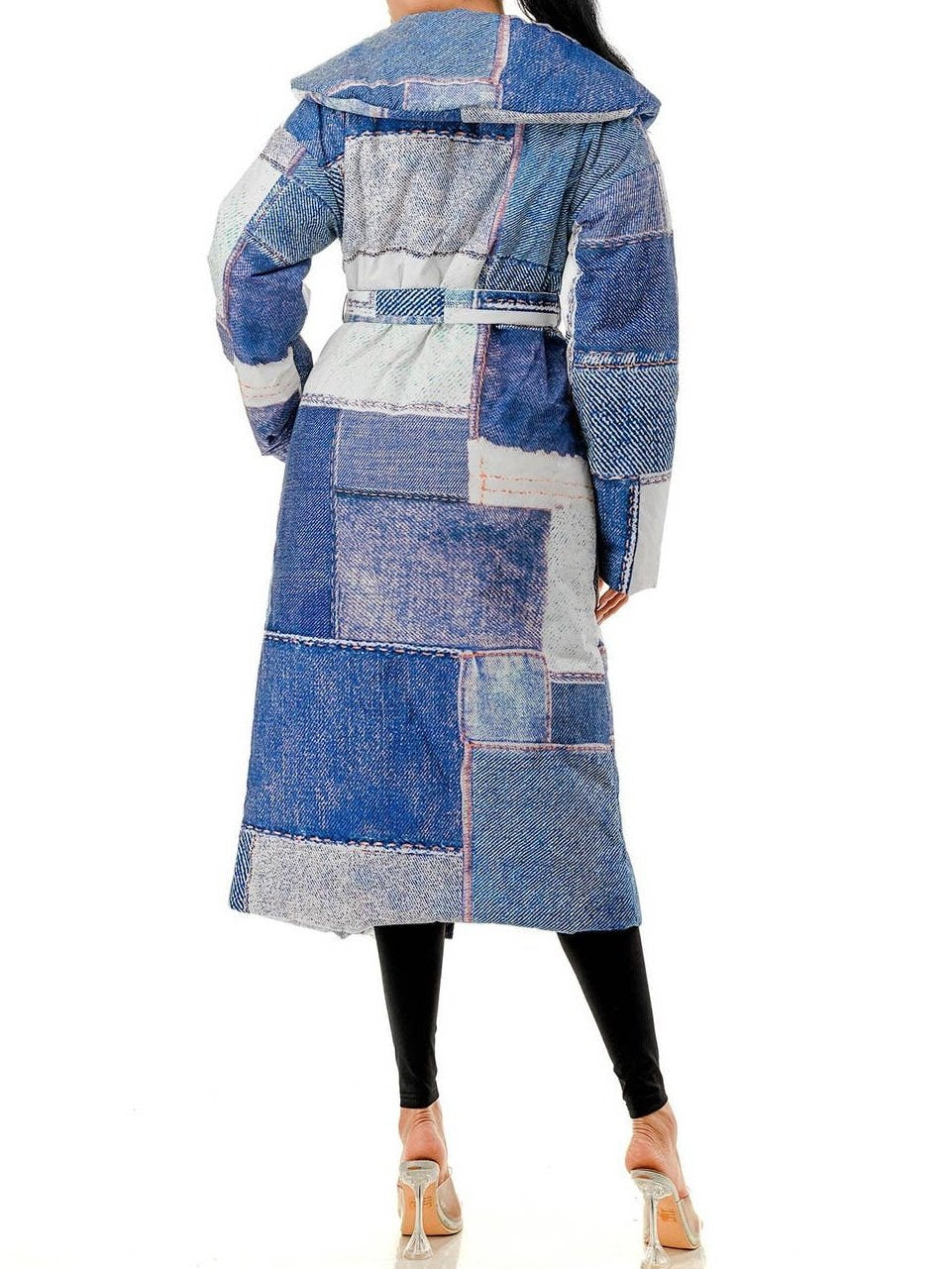 Imitation Denim Print Belted Long Coat