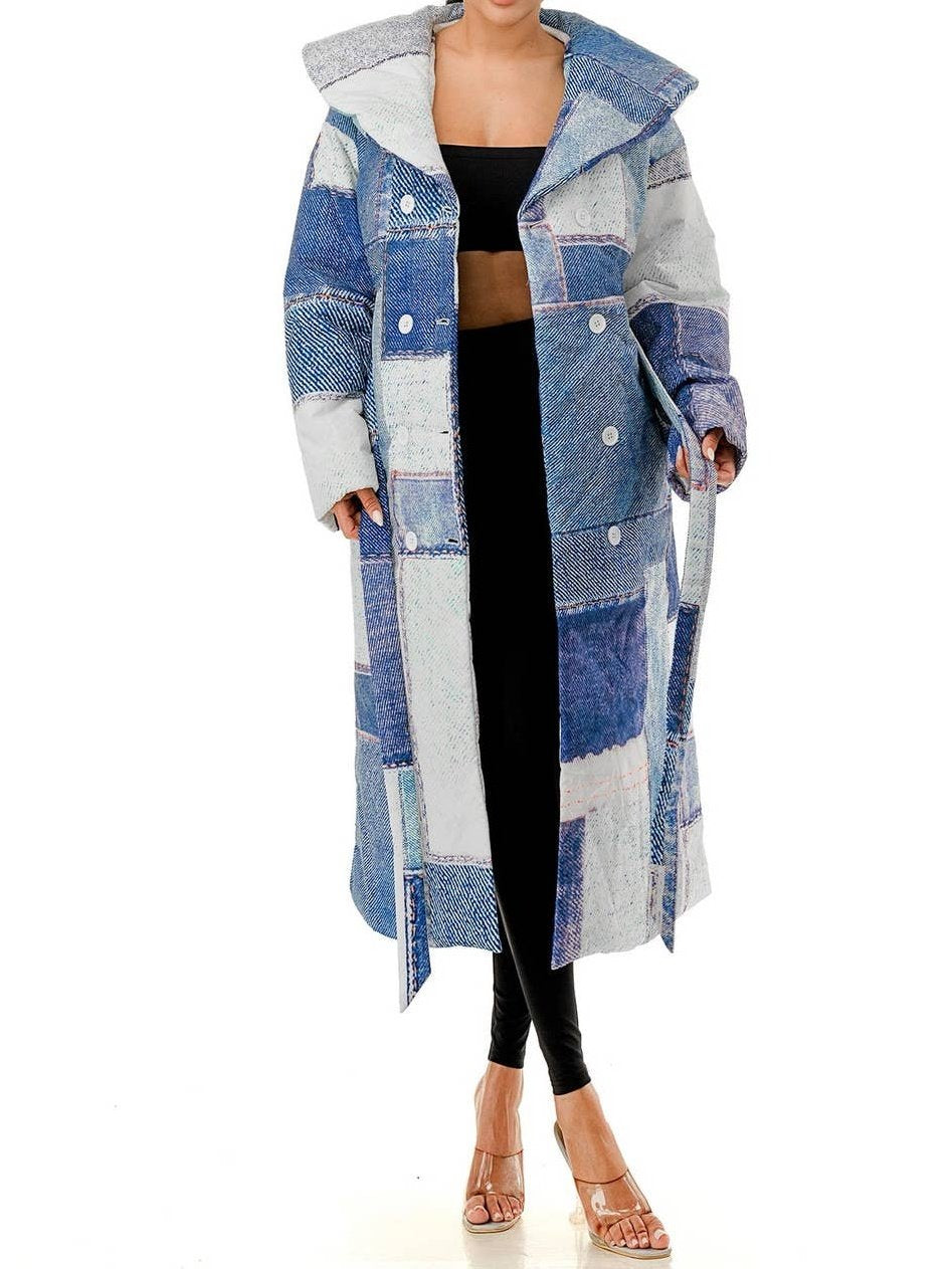 Imitation Denim Print Belted Long Coat