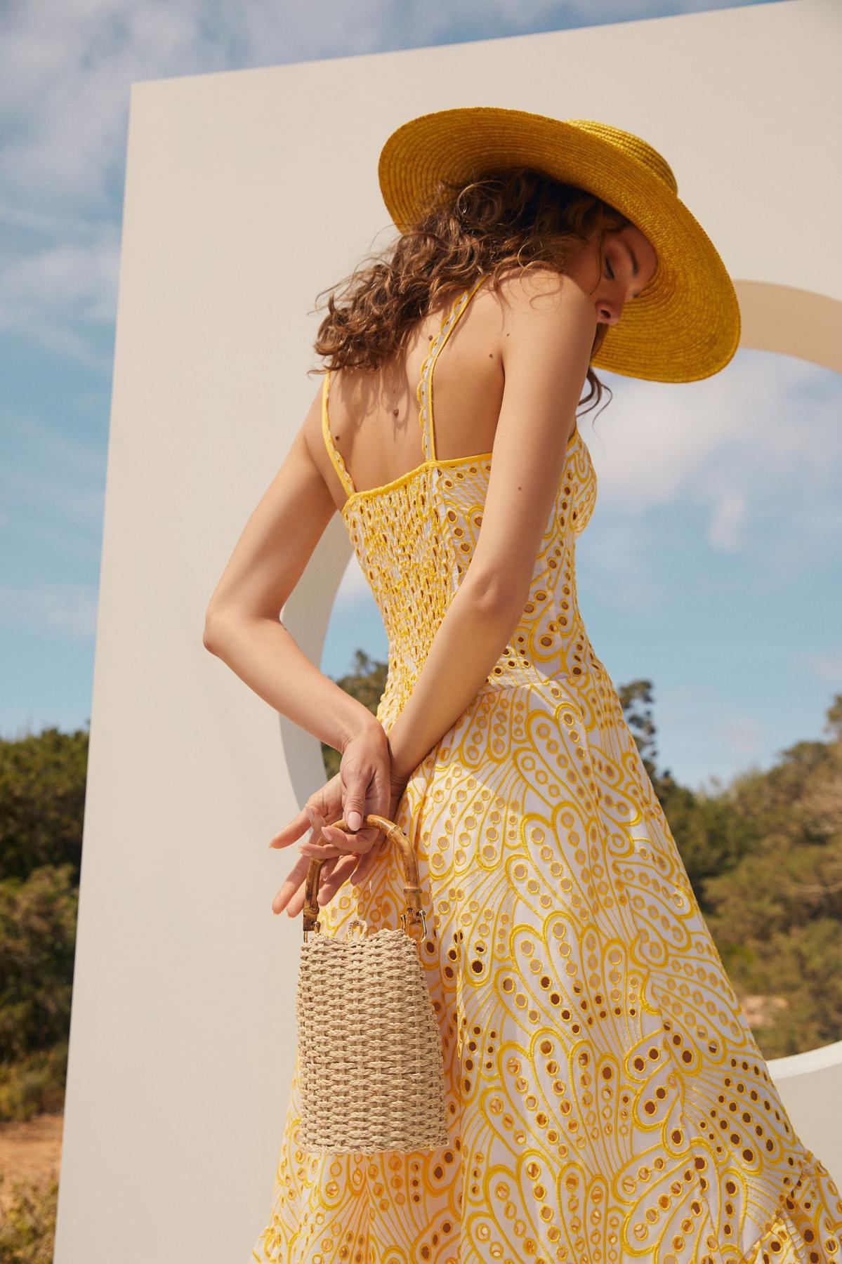 Lace Buttoned Ruffle Midi Dress Yellow