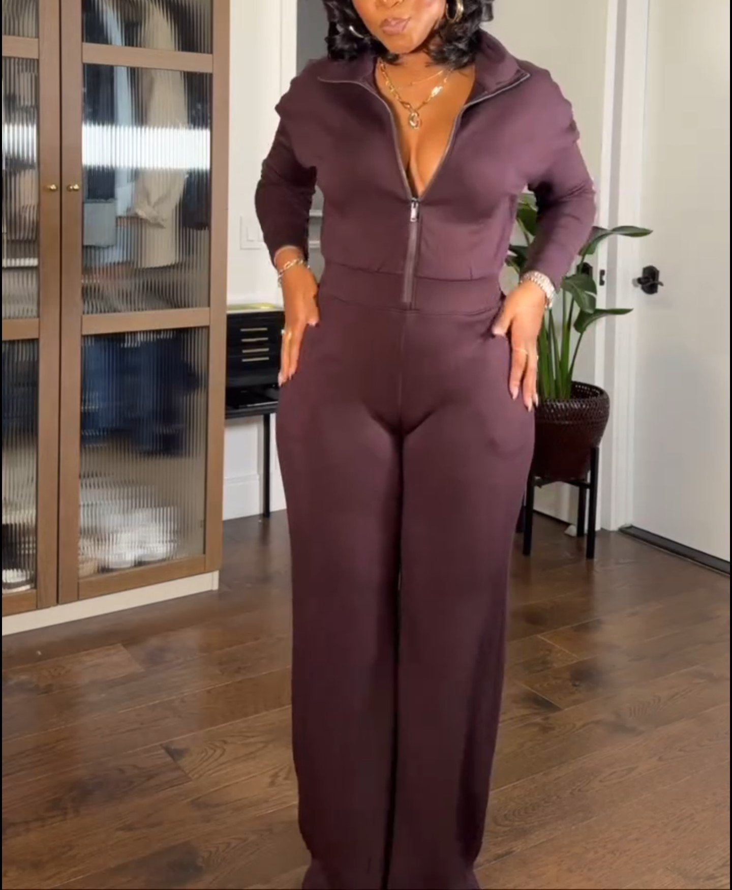 Solid Color Half Zip Jumpsuit