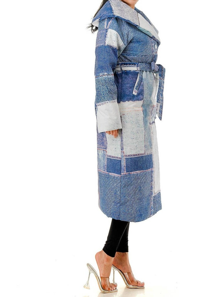 Imitation Denim Print Belted Long Coat
