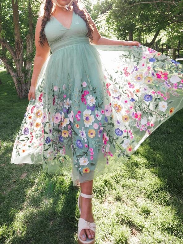 Overlap Collar Mesh Floral Embroidered Dress