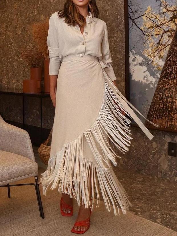 Shirt Top And Fringed Skirt Set