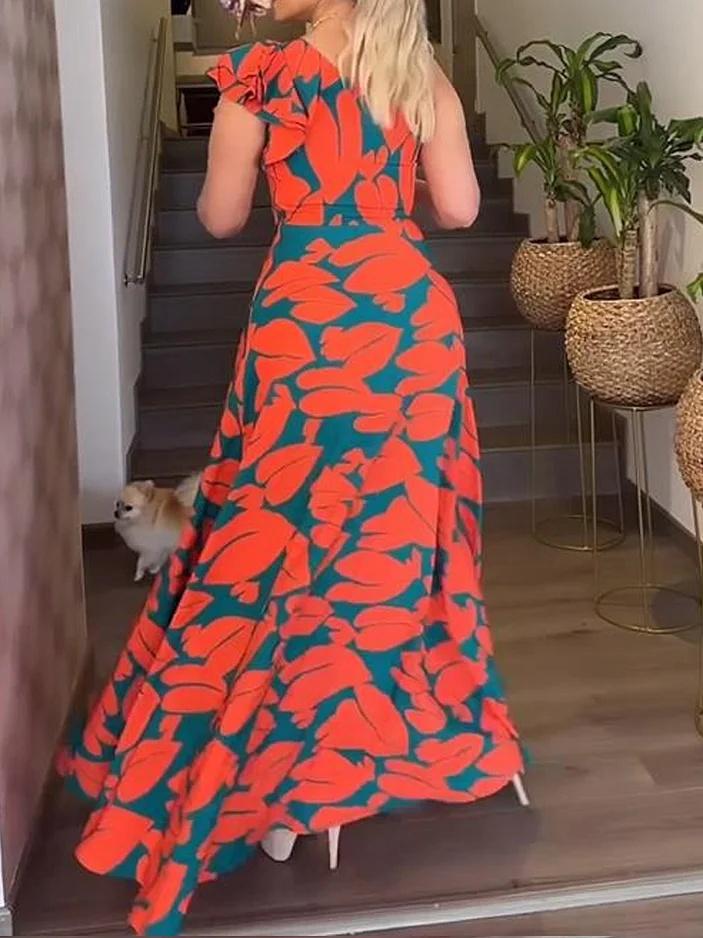 Slanted Shoulder Print Swing Dress