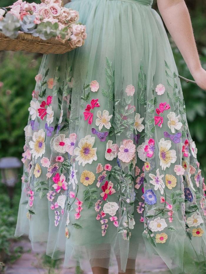 Overlap Collar Mesh Floral Embroidered Dress