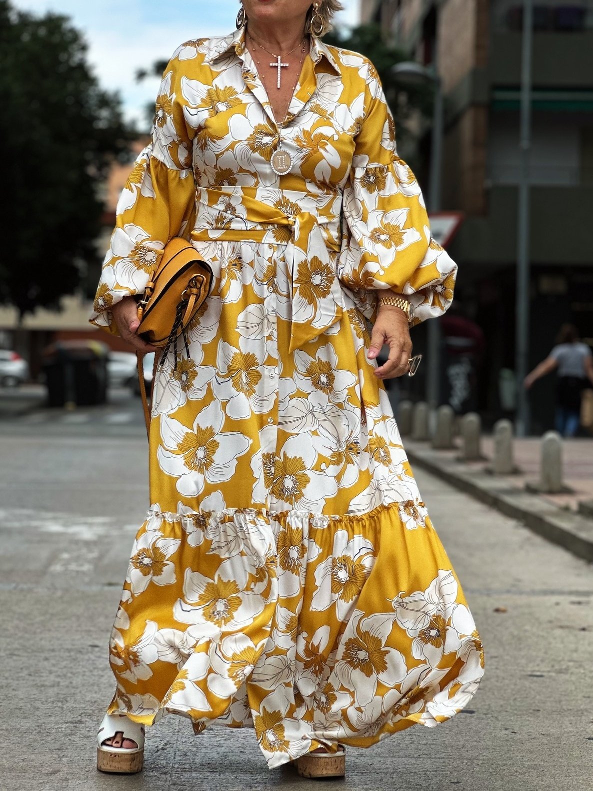 Yellow Floral Tiered Maxi Shirt Dress