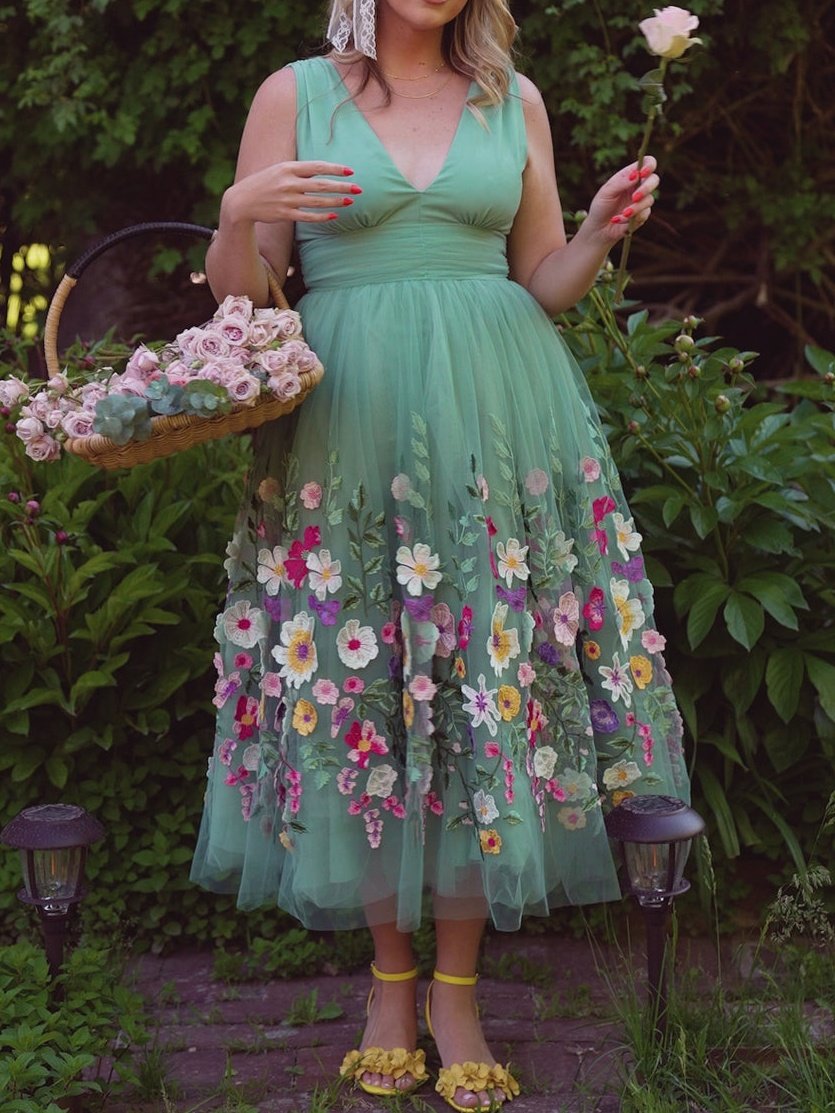 Overlap Collar Mesh Floral Embroidered Dress