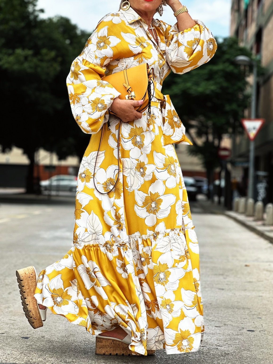 Yellow Floral Tiered Maxi Shirt Dress