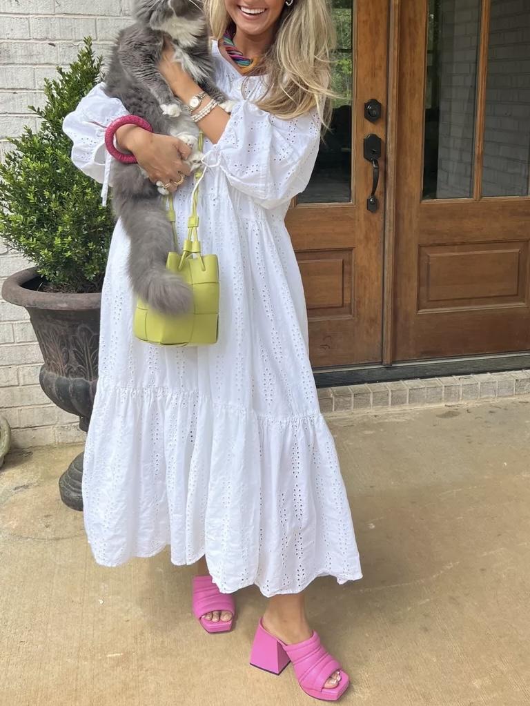 Eyelet Three-Quarter Sleeve Cotton Midi Dress
