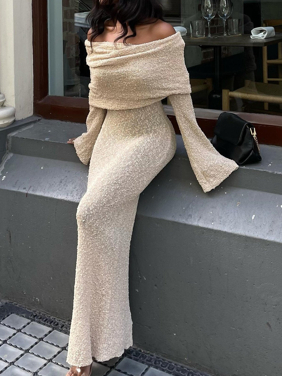 Wheat Knit Off Shoulder Maxi Dress