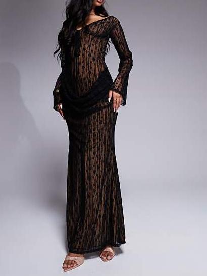 Lace Cup Detail Long Sleeve Maxi Dress