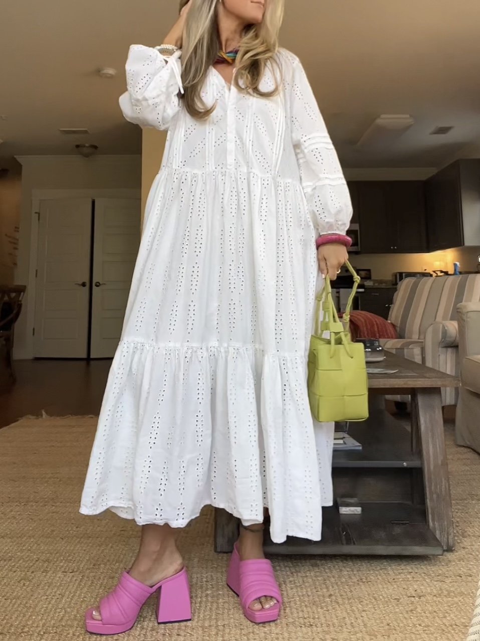 Eyelet Three-Quarter Sleeve Cotton Midi Dress