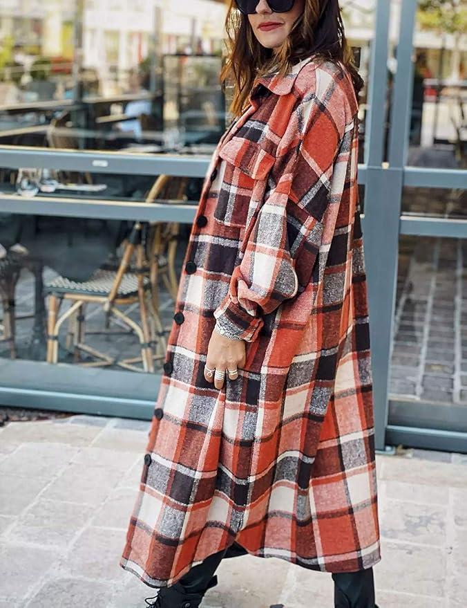 Flannel Plaid Shacket Fall Oversized Long Button Down Shirt Jacket