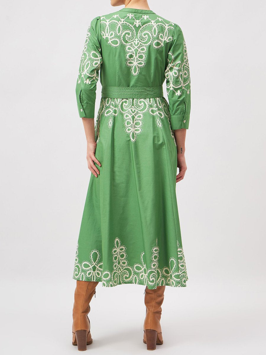 Embroidery Button Up Belted Midi Dress