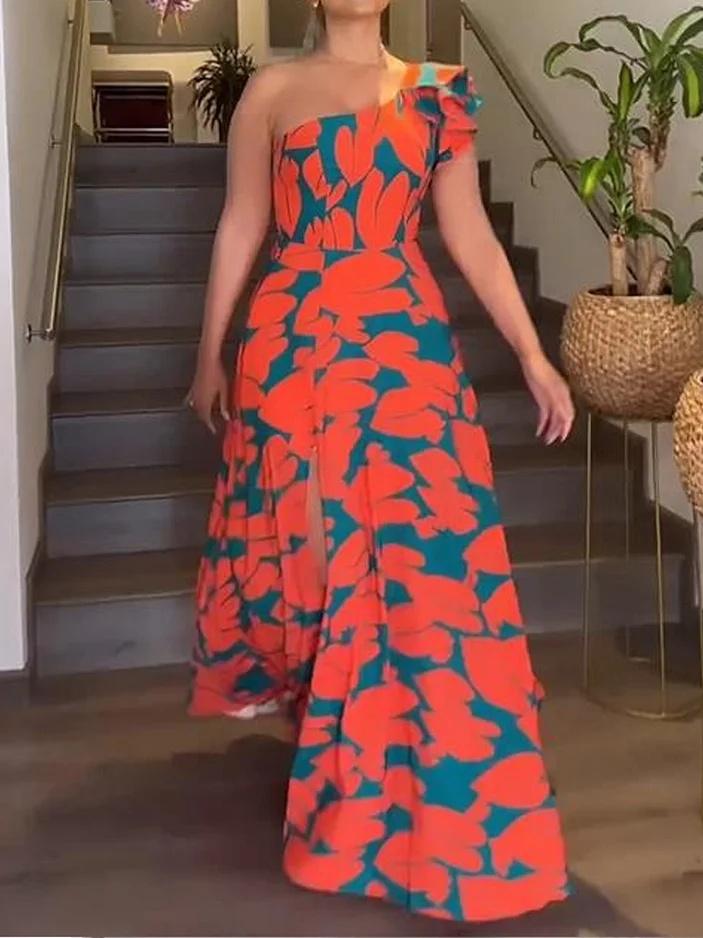Slanted Shoulder Print Swing Dress