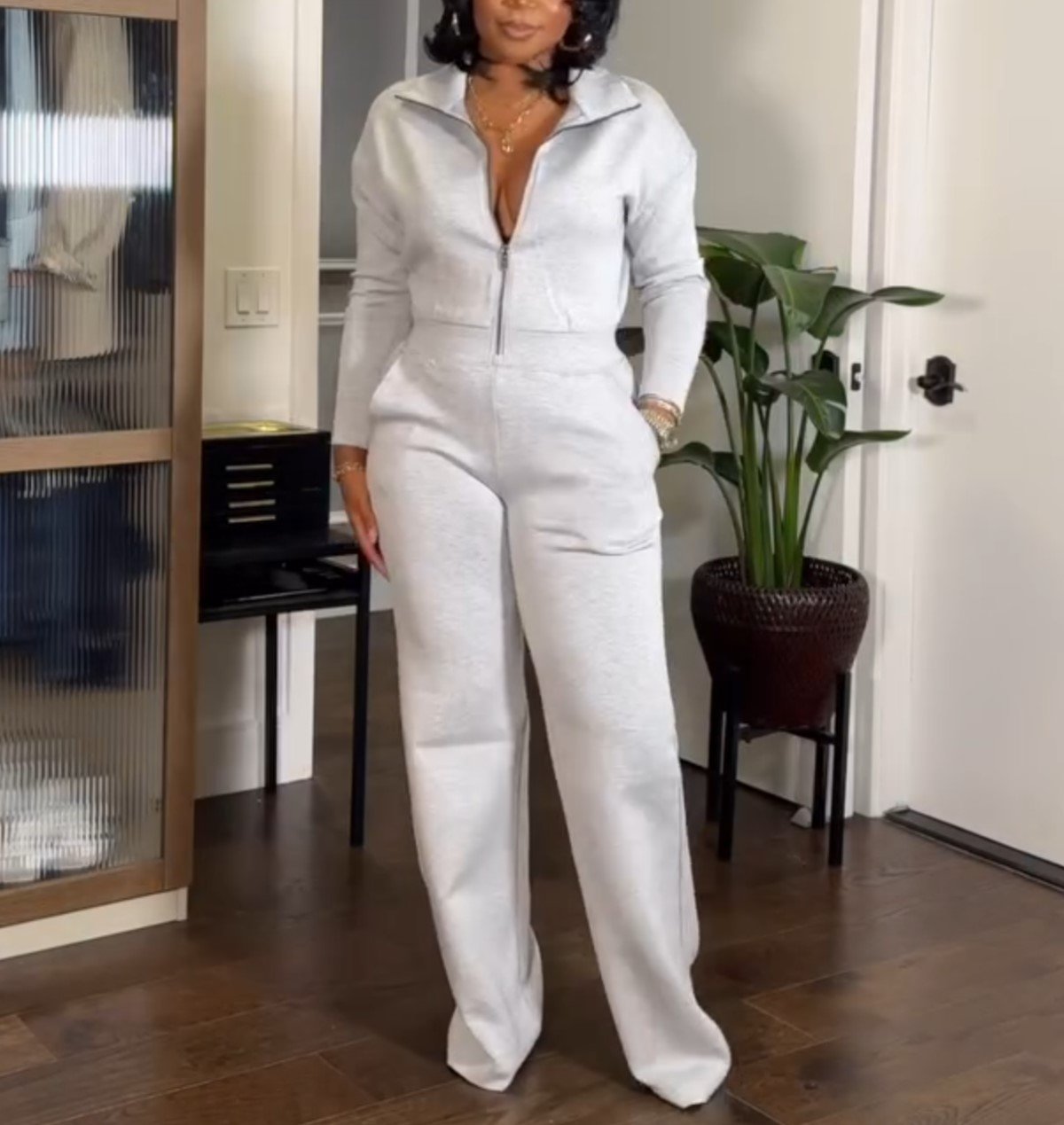 Solid Color Half Zip Jumpsuit