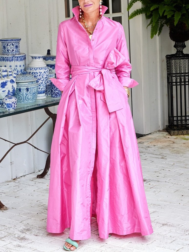 Soft Pink Long Shirt Dress With Belted Detail