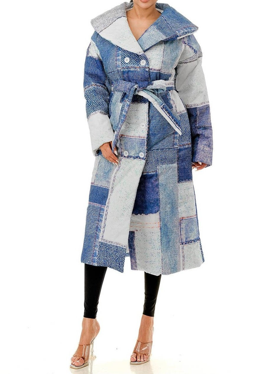 Imitation Denim Print Belted Long Coat
