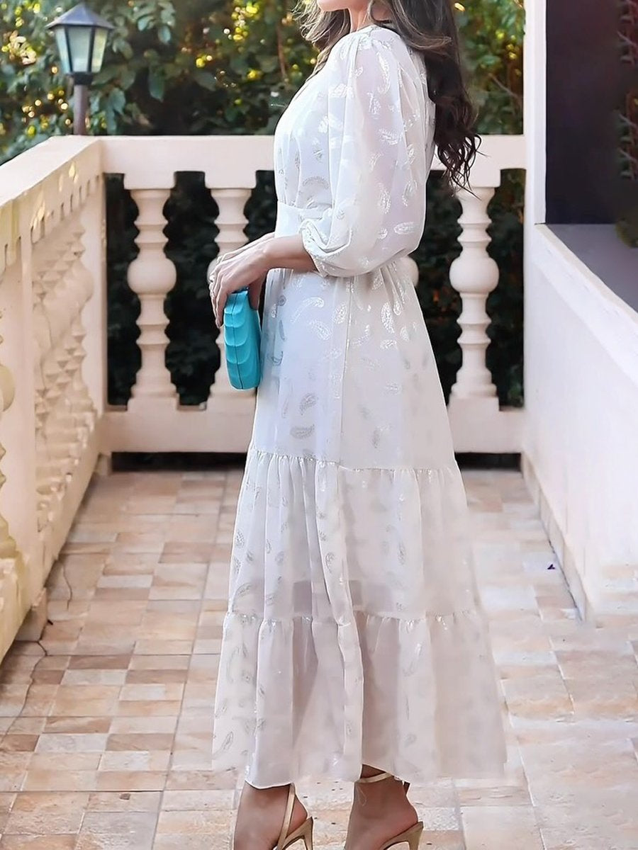 Hot Stamping V Neck Long Sleeve Chiffon Dress