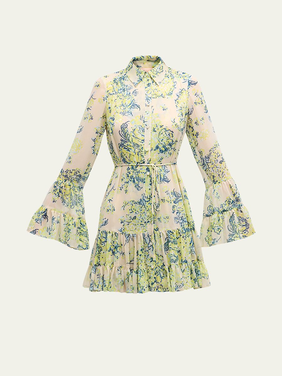 Floral Bell Sleeve Mini Shirt Dress