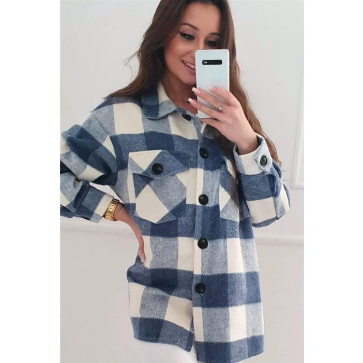 Women 2024 Fashion Style Loose Plaid Long Sleeve Jacket