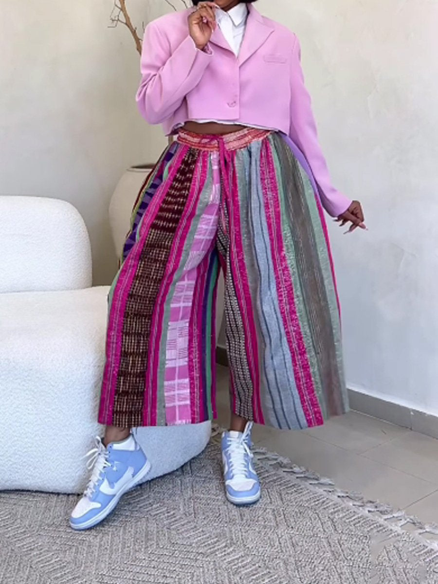 Drawstring Waist Printed Patchwork Pants