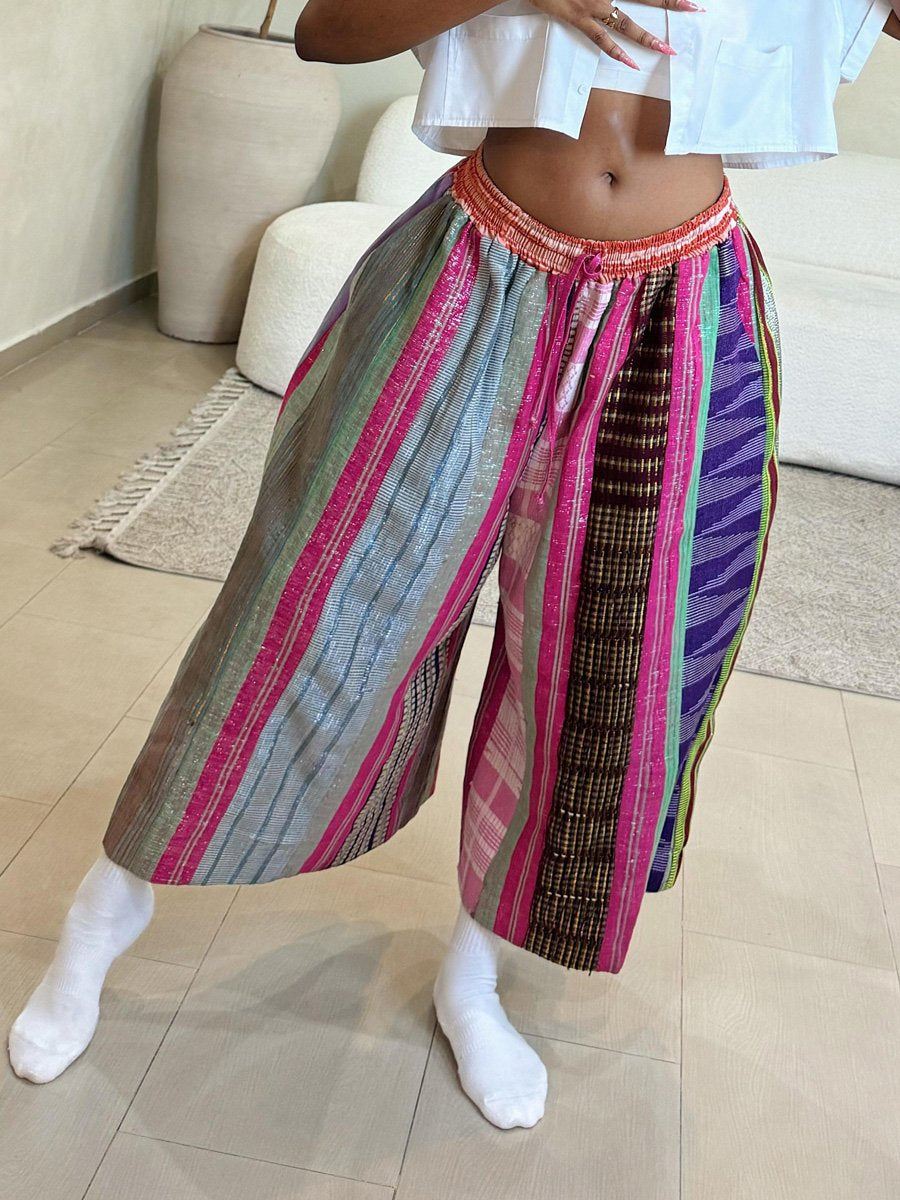 Drawstring Waist Printed Patchwork Pants