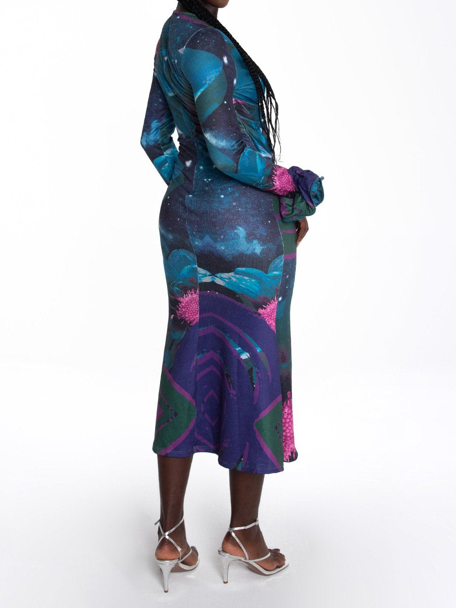 Printed Fungus Edge Long Sleeve Dress