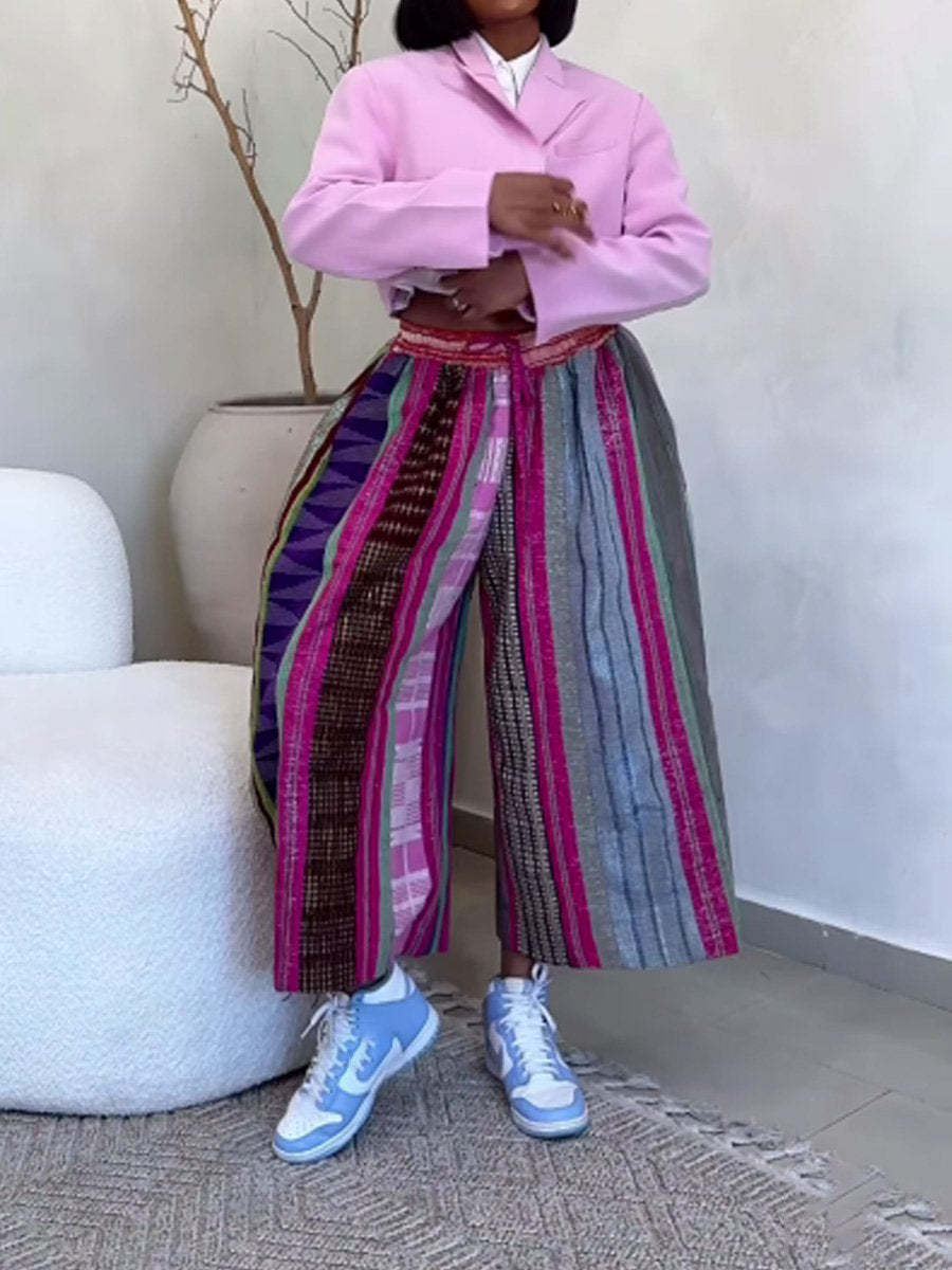 Drawstring Waist Printed Patchwork Pants