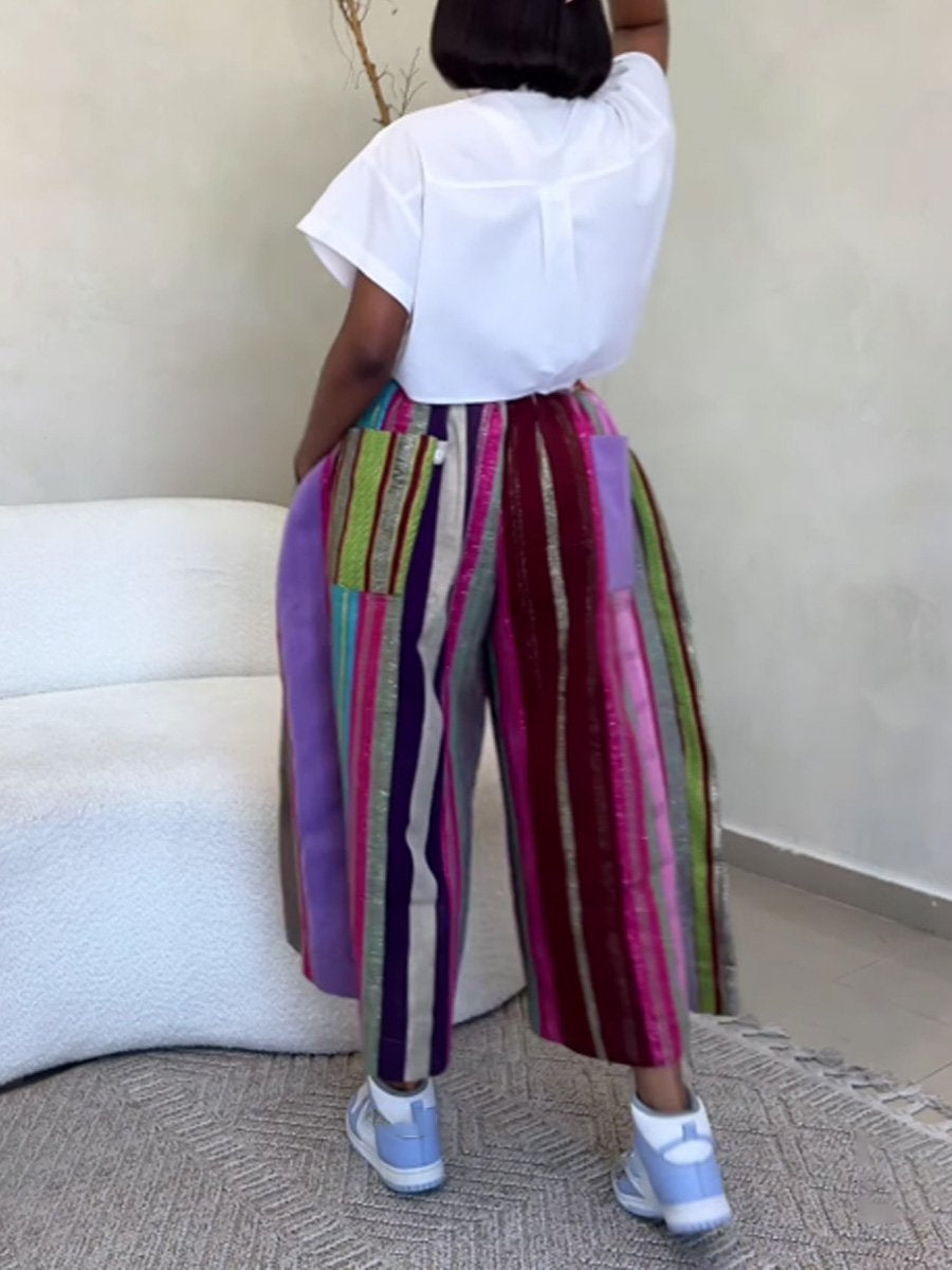 Drawstring Waist Printed Patchwork Pants