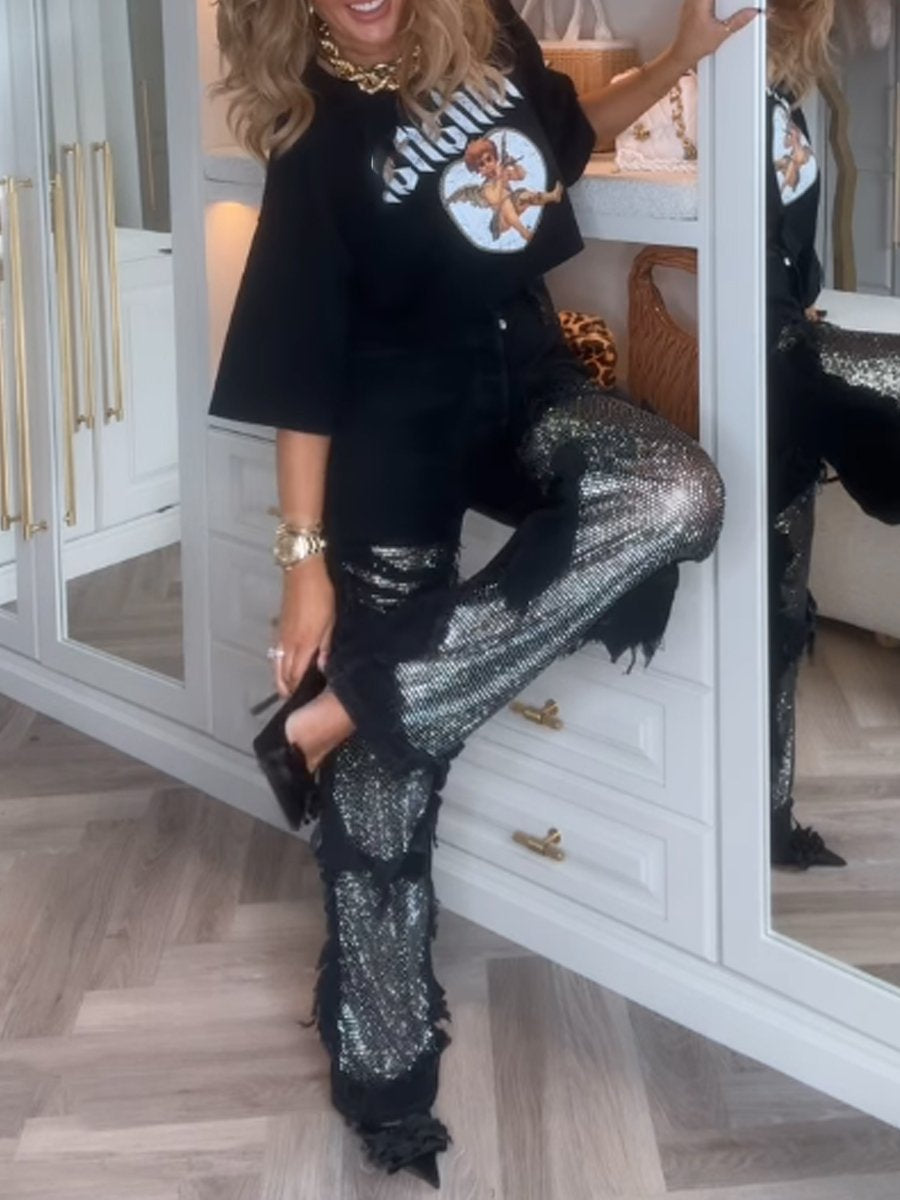 High Waist Dressed Raking Mesh Stitching Straight Pants