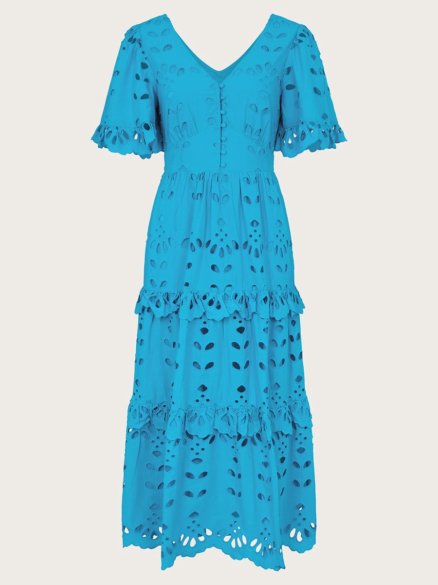 V Neck Lace See-through Ruffled Dress