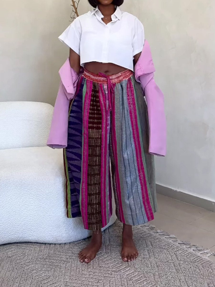 Drawstring Waist Printed Patchwork Pants