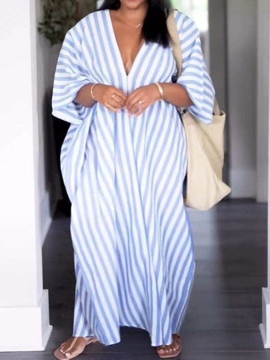 Striped Print Batwing Sleeve Casual Dress