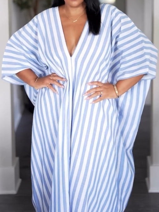 Striped Print Batwing Sleeve Casual Dress