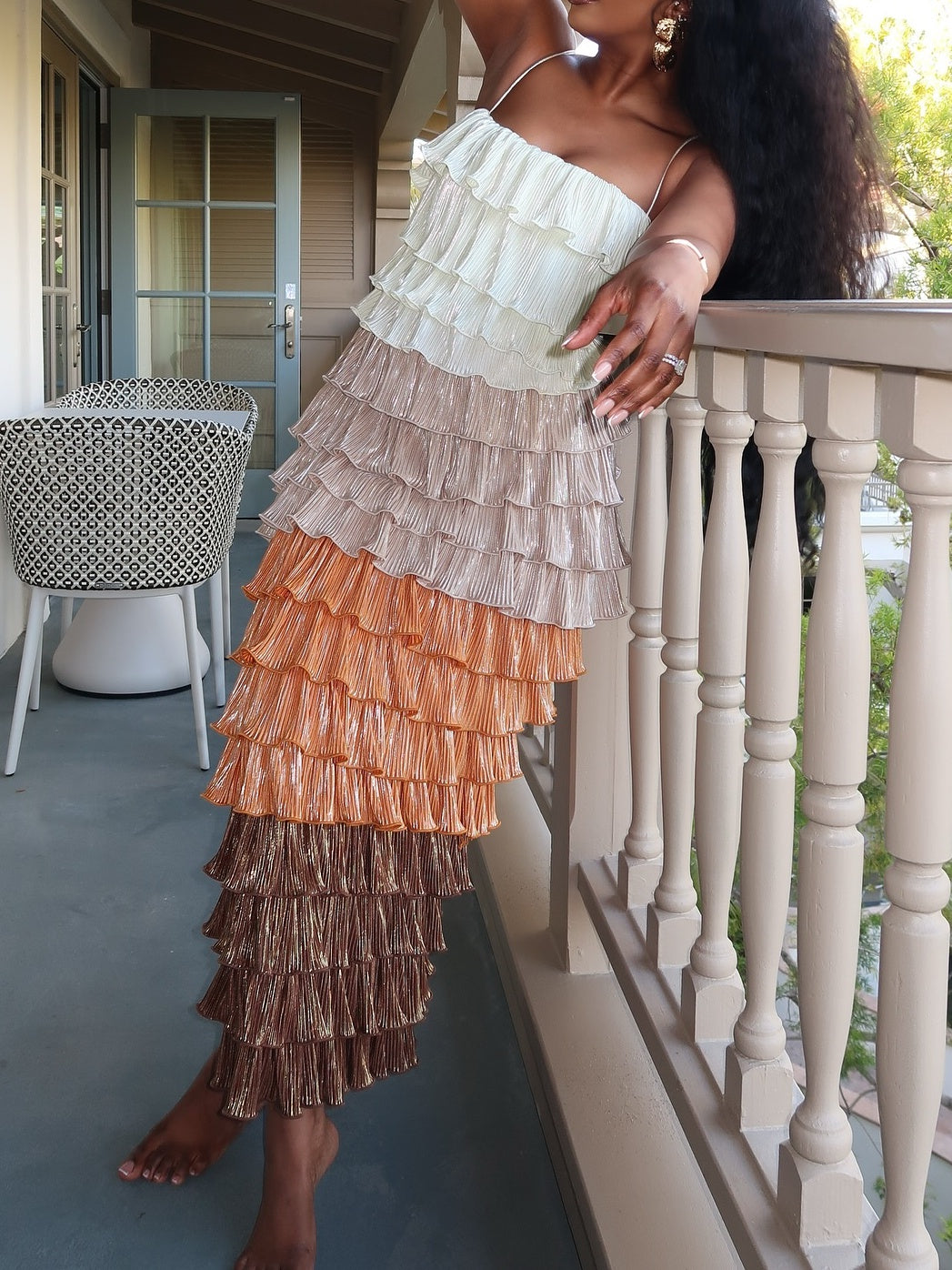 Squareneck Tulle Ruffle Midi Dress