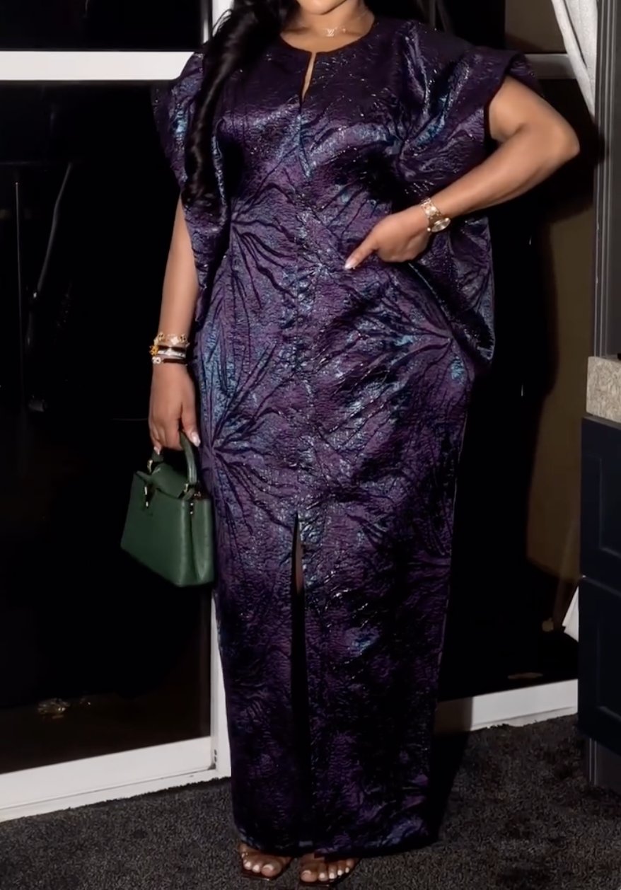 Plus Size Formal Purple Round Neck Split Jacquard Maxi Dress