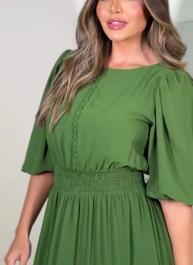 Green Short Sleeve Midi Dress