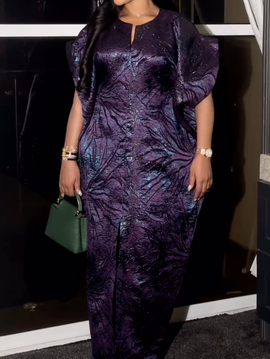 Plus Size Formal Purple Round Neck Split Jacquard Maxi Dress