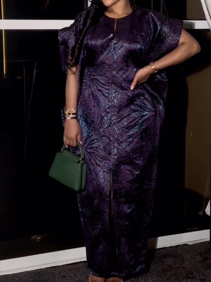 Plus Size Formal Purple Round Neck Split Jacquard Maxi Dress