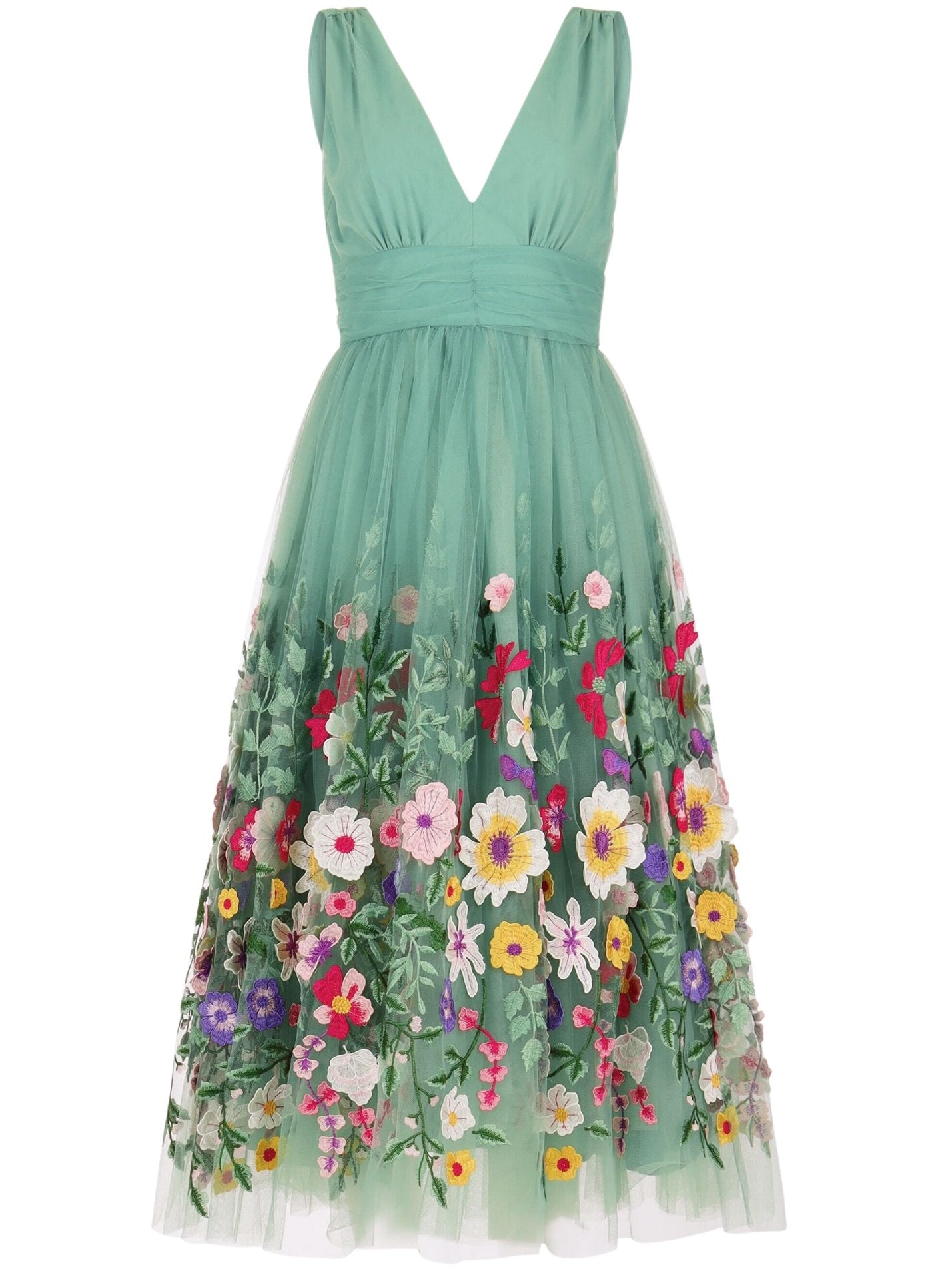 Overlap Collar Mesh Floral Embroidered Dress