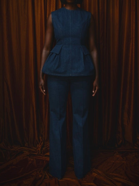 Backless Denim Peplum Two Pieces Set