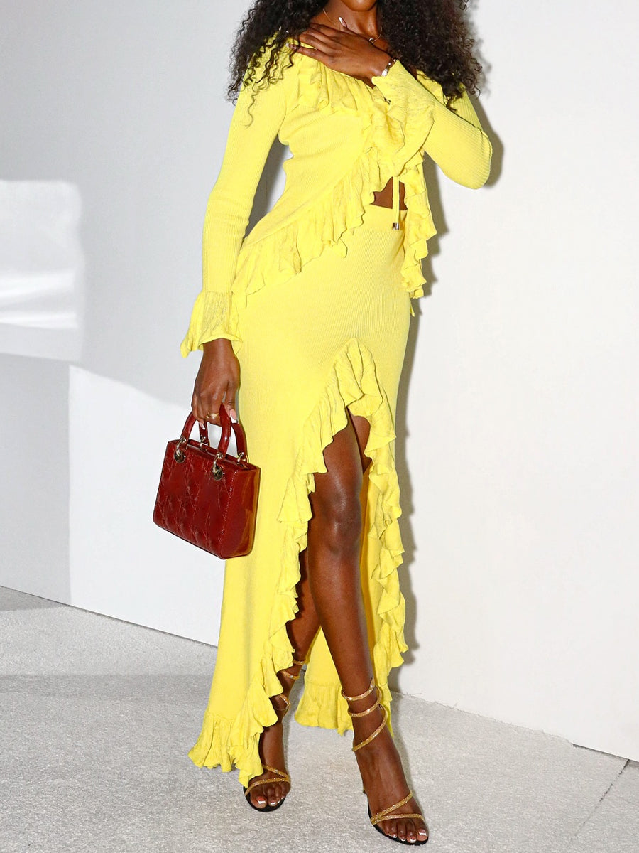 Ruffled Deep V Neck Two Pieces Dress