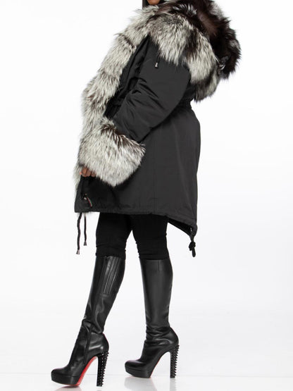 Silver Fox Fur Warm Hooded Collar Fur Coat