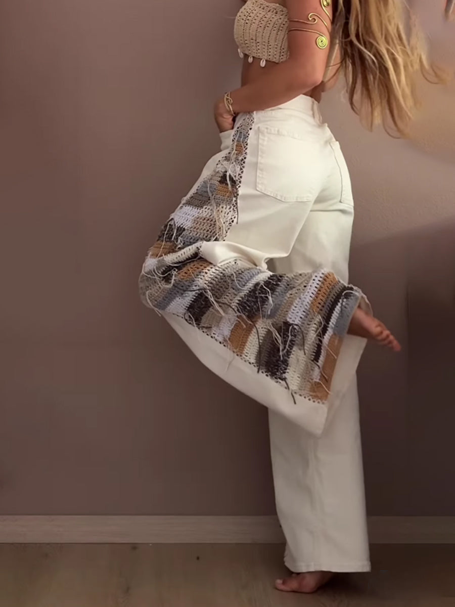 Knitted Patchwork Denim Pants