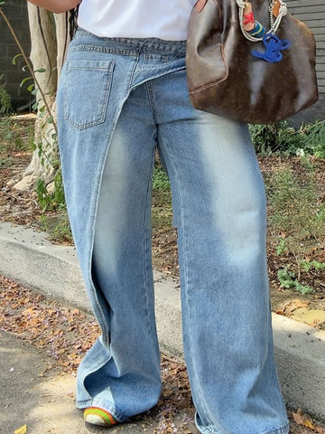 Criss-cross Front Waistband Denim Straight Pants