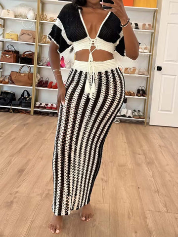 Sexy V Neck Cutout Striped Knit Two Pieces Dress